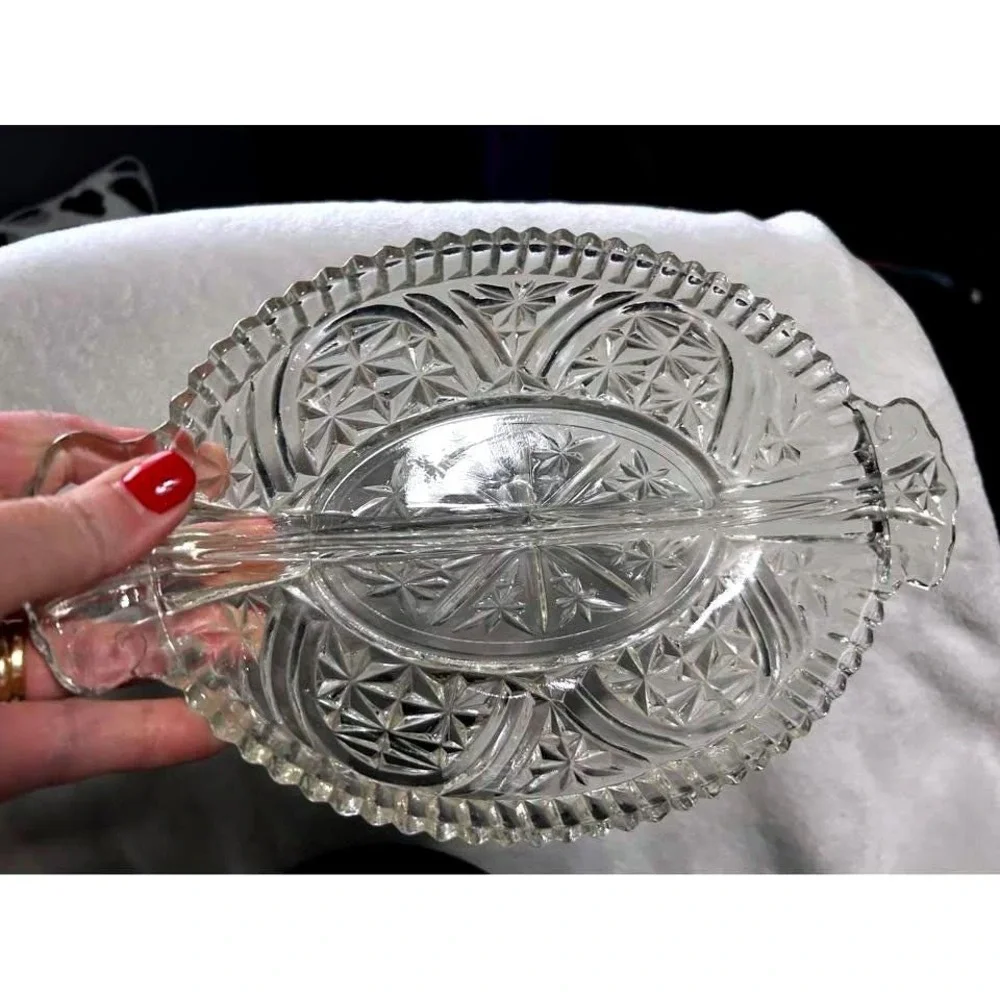 Vintage Anchor Hocking Stars and Bars Divided Rainbow Dish Thousand Line Pattern